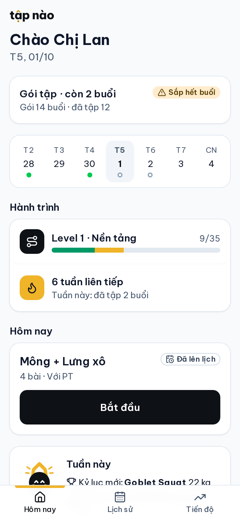 Trang của học viên mở từ link riêng, với lịch tuần và buổi tập hôm nay